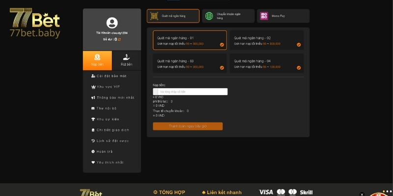 Nạp Tiền 77Bet Bằng Tài Khoản Ngân Hàng